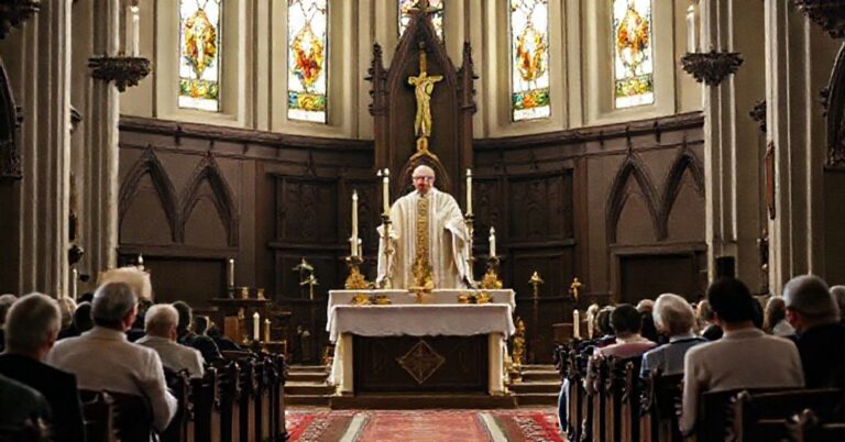 Wnętrze katedry z tradycyjnym ołtarzem i "biskupem" Łukaszem Buzunem podczas homilii o Królowstwie Bożym podczas uroczystości Chrystusa Króla.