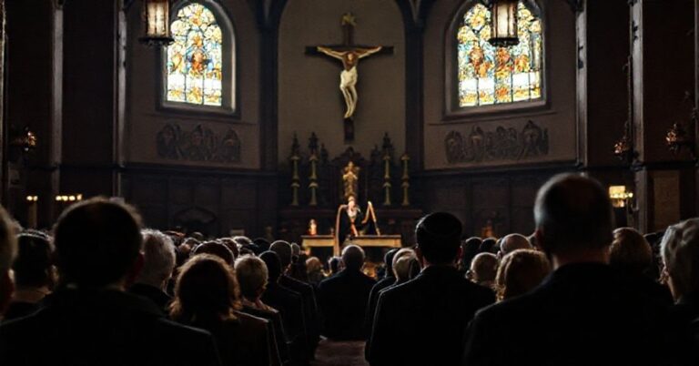 Wizerunek przedstawiający głęboko zakłopotaną grupę katolików słuchających homilii pseudometropolity Adriaena Galbasa w kościele Świątyni Opatrzności Bożej.