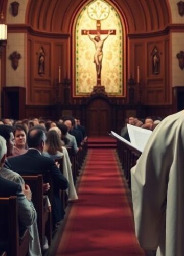 Homilia katolicka o milczeniu Chrystusa na krzyżu, odzwierciedlająca nauki Kościoła Reverent Catholic priest głoszący homilię o milczeniu Chrystusa na krzyżu, w tradycyjnym kościele, ukazujący powagę i wierność nauczaniu katolickiemu.