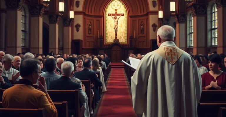 Reverent Catholic priest głoszący homilię o milczeniu Chrystusa na krzyżu, w tradycyjnym kościele, ukazujący powagę i wierność nauczaniu katolickiemu.