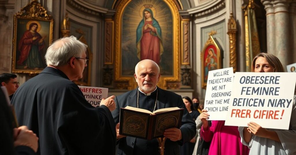 Arcybiskup Laterza w homilii w katedrze w Conversano, otoczony tradycyjnymi katolickimi ikonami Najświętszej Maryi Panny. Feministyczni aktywiści protestują przeciwko naukom Kościoła.