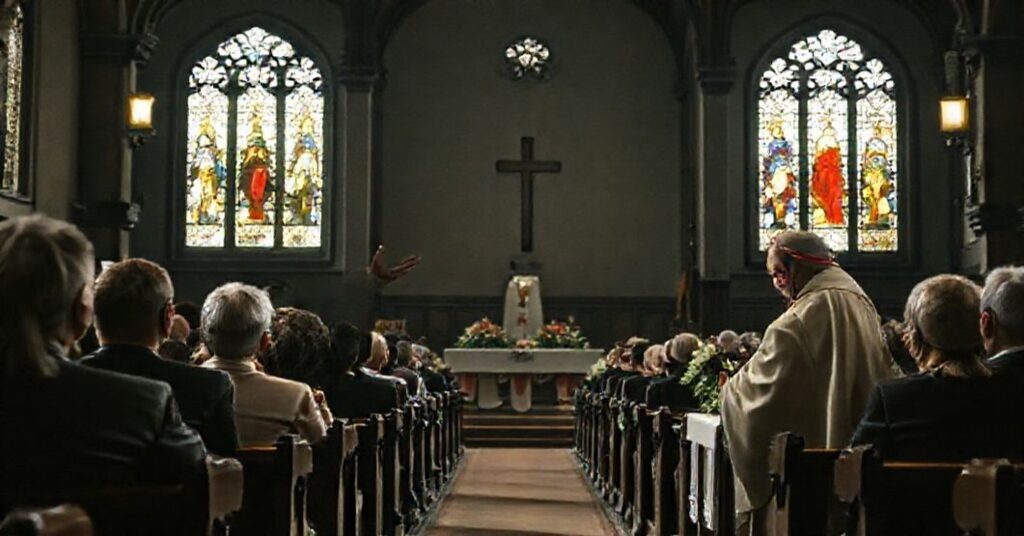 Wnętrze kościoła garnizonowego we Wrocławiu podczas homilii fałszywego "biskupa" Lechowicza o zbawieniu bez Krzyża i Kościoła.