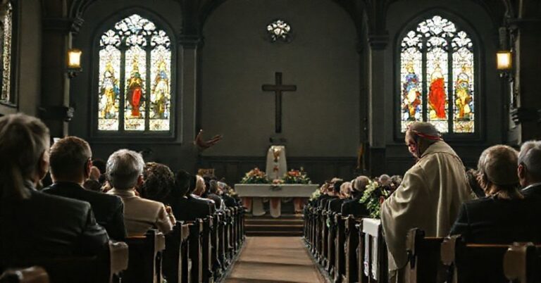 Wnętrze kościoła garnizonowego we Wrocławiu podczas homilii fałszywego "biskupa" Lechowicza o zbawieniu bez Krzyża i Kościoła.