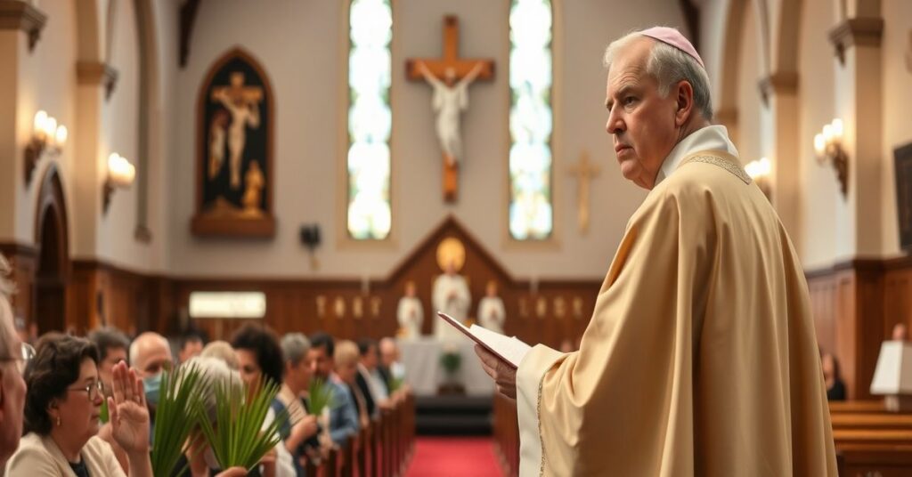 Katedra katolicka z tradycyjnym wnętrzem podczas Mszy Świętej w Niedzielę Palmową.