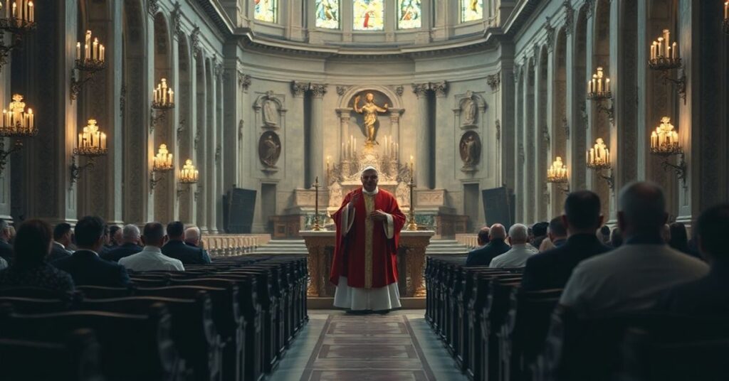 Pusty wnętrze Bazyliki św. Piotra podczas Wielkiego Czwartku w 2026 roku z daleką postacią Roberta Prevosta jako 'Papieża Leona XIV' przemawiającym z ołtarza.