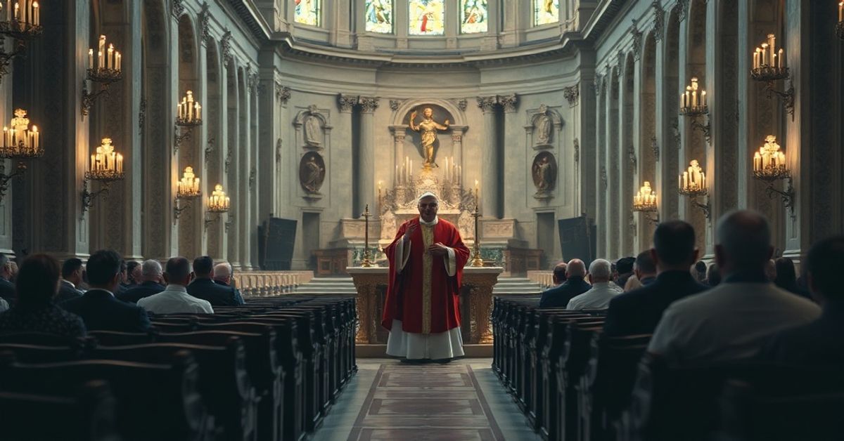 Pusty wnętrze Bazyliki św. Piotra podczas Wielkiego Czwartku w 2026 roku z daleką postacią Roberta Prevosta jako 'Papieża Leona XIV' przemawiającym z ołtarza.