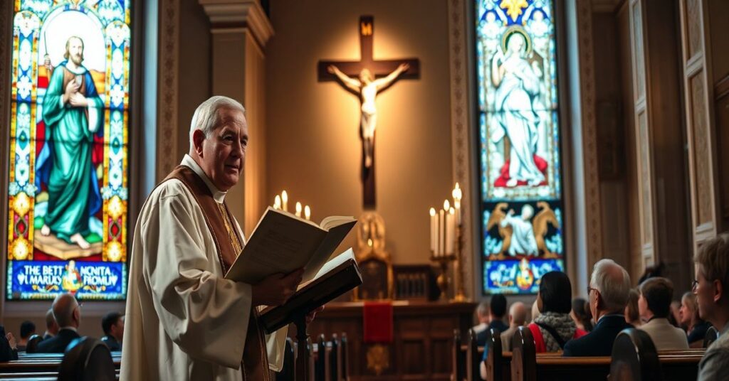 Sobórowy homiliarz w tradycyjnej rzymskiej parafii przedstawiający apostazję nowej teologii