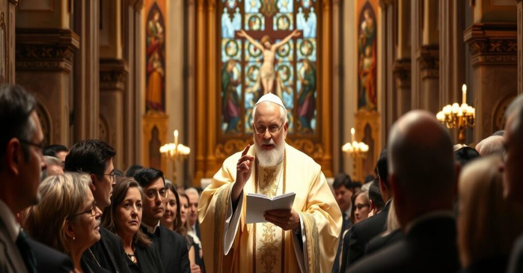 Obraz przedstawiający rzekomego 'papieża' Leona XIV (Roberta Prevosta) podczas homilii w Katedrze Niepokalanego Poczęcia w Monako. Scena podkreśla redukcję wiary do humanitaryzmu i pominięcie ofiarnej natury Eucharystii.