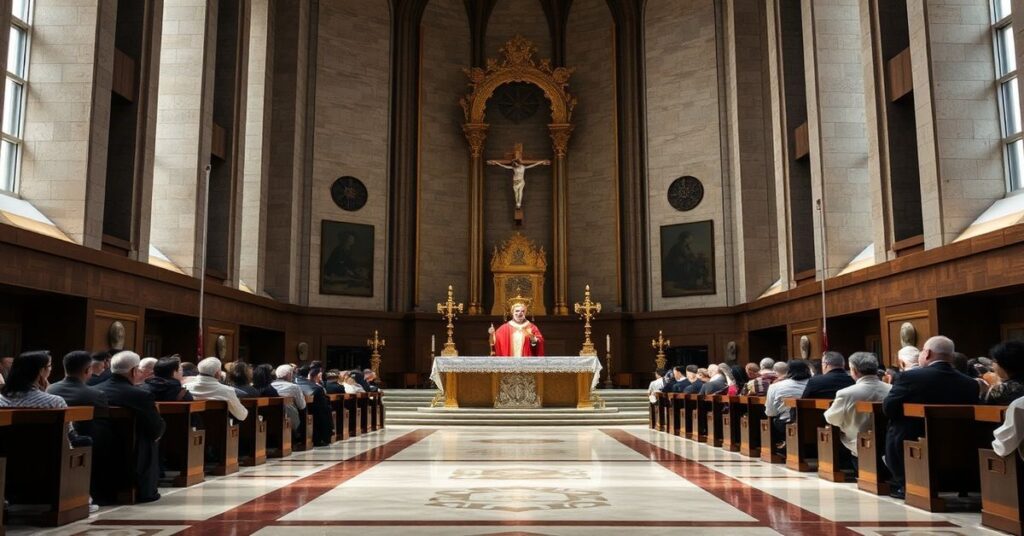Wnętrze bazyliki w Mongomo podczas homilii Leona XIV. Modernistyczne elementy architektoniczne i hasła pozapolityczne zastępują katolickie symbole.