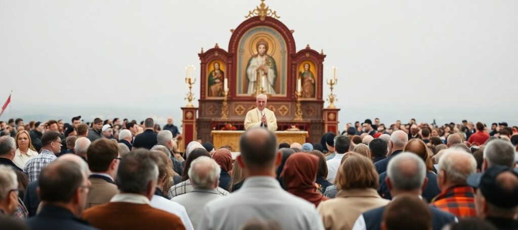 Wierni słuchają homilii Nuniusza Apostolskiego na Wzgórzu św. Wojciecha w Gdańsku