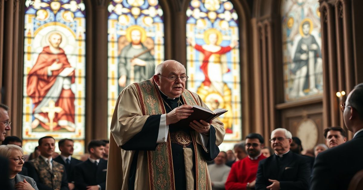 Tradycyjny kleryk przed zgromadzeniem wiernych w katedrze; wygłaszanie homilii o zagrożeniach demokracji i humanizmu