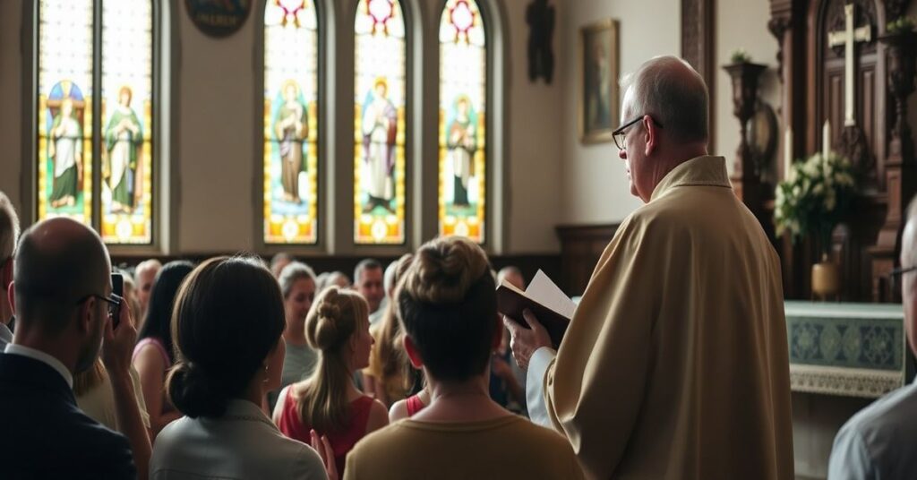 Ks. Przemysław Krakowczyk wygłaszający kazanie w tradycyjnym kościele katolickim o prawdziwym błogosławieństwie przez posłuszeństwo Słowu Bożemu.