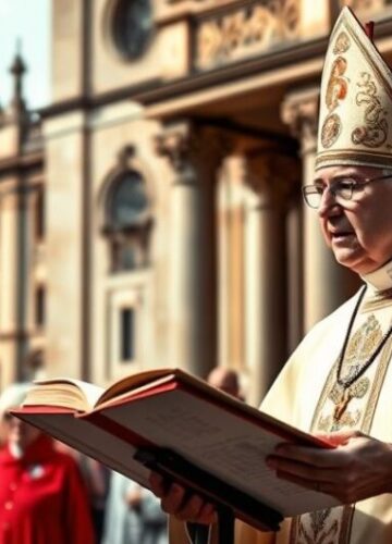 Architektura i duchowny podczas homilii na pielgrzymce katolickiej Szczegółowe zdjęcie katolickiego duchownego podczas homilii na pielgrzymce, ukazujące powagę i tradycję Kościoła, z historycznym kościołem w tle