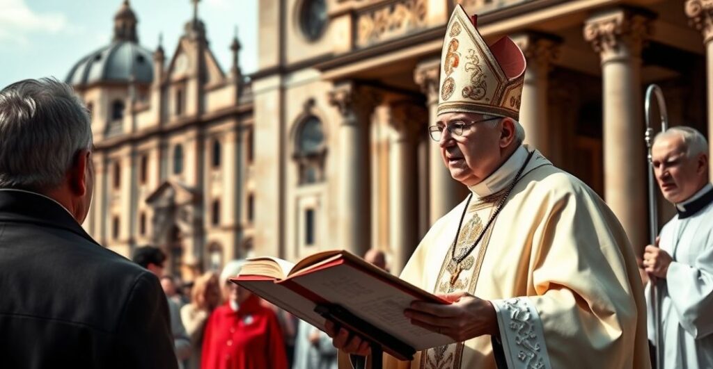Szczegółowe zdjęcie katolickiego duchownego podczas homilii na pielgrzymce, ukazujące powagę i tradycję Kościoła, z historycznym kościołem w tle