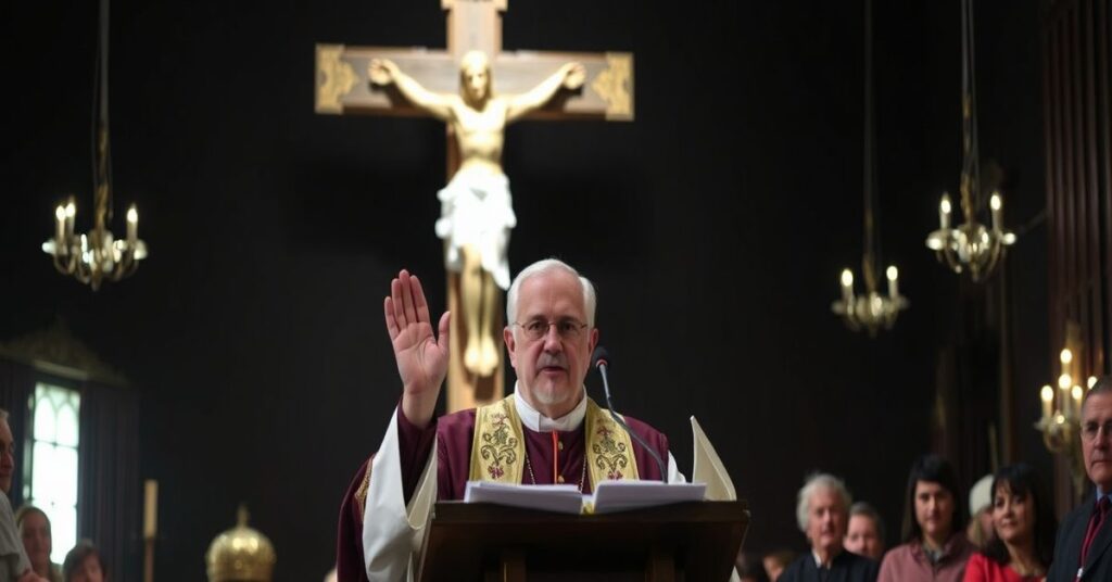 Arcybiskup Wojciech Polak podczas homilii w ośrodku dla uchodźców w Rościno