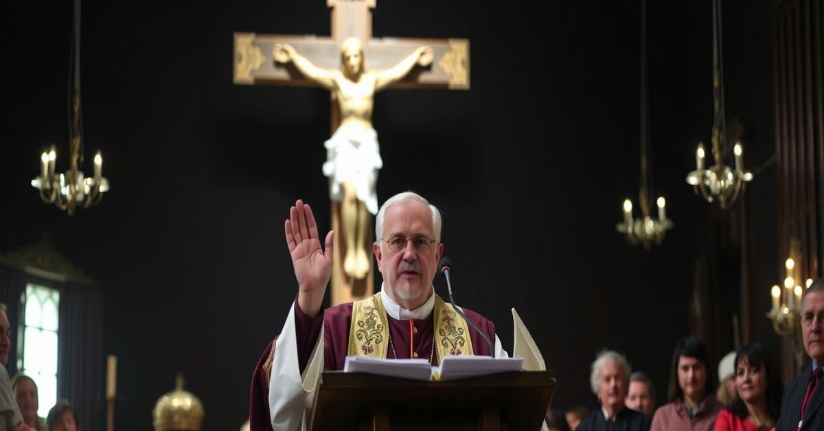 Arcybiskup Wojciech Polak podczas homilii w ośrodku dla uchodźców w Rościno