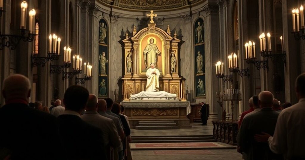 Scena katolicka w Bazylice św. Piotra z grobem Jana Pawła II podczas mszy świętej. Pojęcie tradycyjnej pobożności i kontrast z modernistycznymi wykrętami.