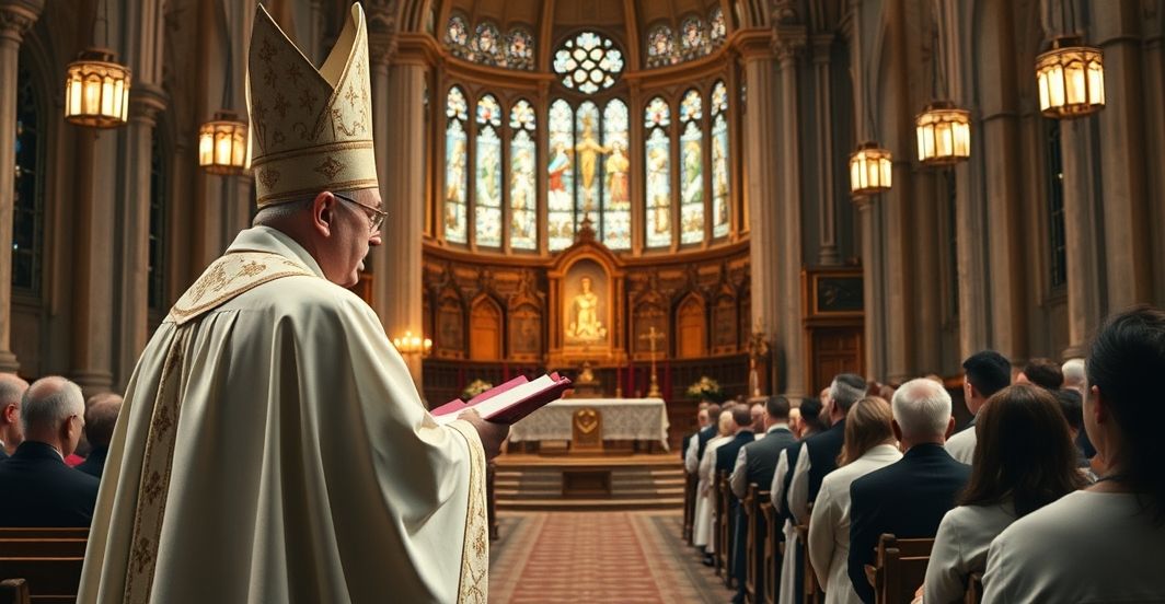 Homilia arcybiskupa w tradycyjnej katedrze symbolizująca wierność katolickim naukom Arcybiskup wygłasza poważną homilię w tradycyjnej katedrze, symbolizując odrzucenie modernistycznych reform i wierność katolickiej nauce.