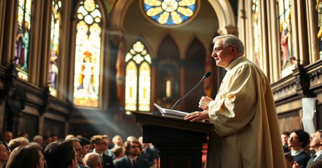 Prawdziwy katolicki kapłan w tradycyjnych ornatach kazań w starożytnym kościele przedsoborowym.
