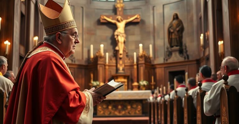 Biskup wygłaszający homilię w kościele, ukazujący wiarę w panowanie Chrystusa Króla, w tradycyjnym katolickim kontekście