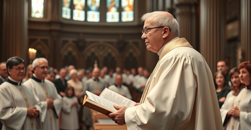 Homilia katolickiego duchownego w tradycyjnej świątyni przeciwko modernizmowi Realistyczne zdjęcie katolickiego duchownego głoszącego homilię w tradycyjnej świątyni, w duchu sprzeciwu wobec modernistycznych tendencji
