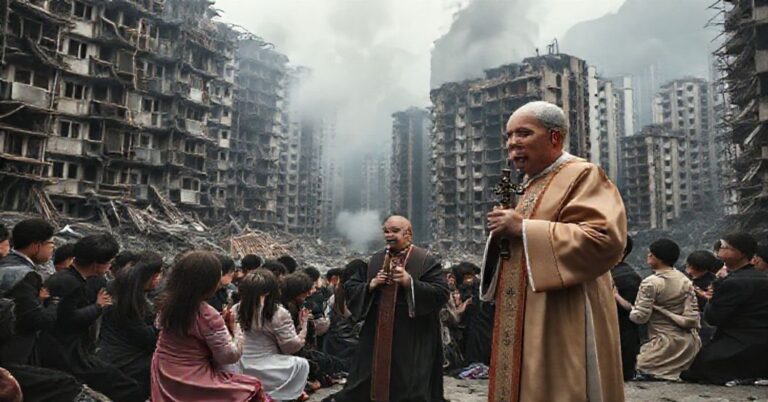 Zdjęcie przedstawiające skutki hongkońskiej tragedii budowlanej z 2025 roku. Widoczne są zniszczone bloki mieszkalne z dymem unoszącym się nad ruinami. Przedstawieni są katoliccy wierni modlący się pod przewodnictwem tradycyjnego kapłana z krzyżem w ręku. Scena niesie przekaz o upadku cywilizacji bez Boga.