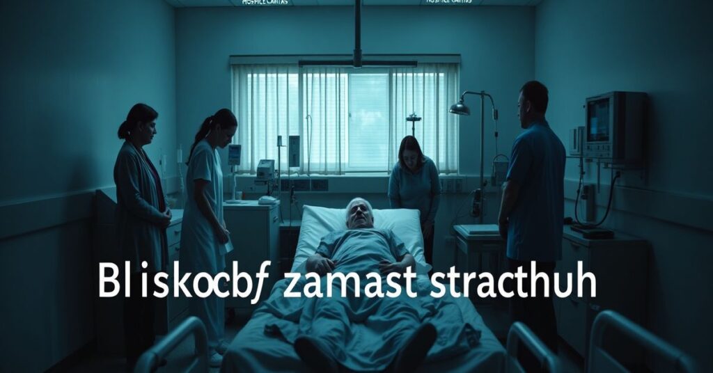 Pokoj hospicyjny Caritas bez kapłana udzielającego Sakramentu Chorych. Pacjent otoczony bliskimi w naturalistycznym akcentach bez odniesienia do wieczności.