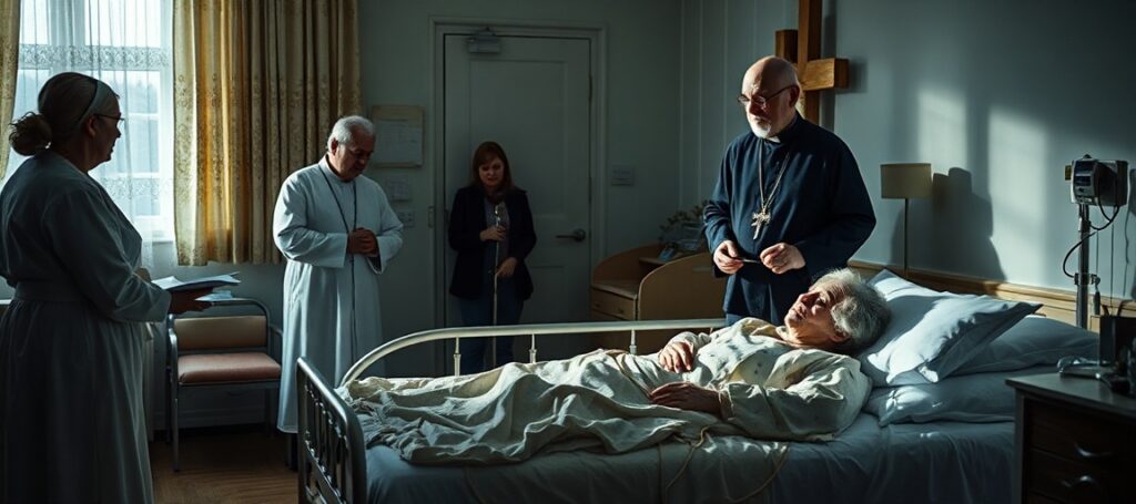 Scena w hospicjum Caritas w Łodzi, gdzie widzimy pacjenta i opiekunów bez obecności sakramentów katolickich.