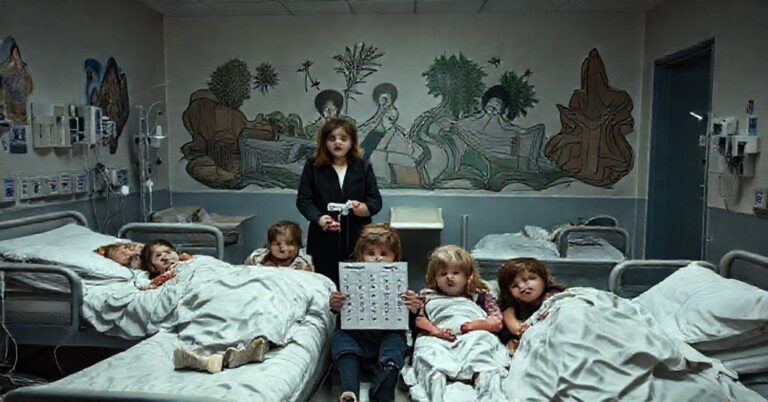 Smutna scena w nowoczesnym hospicjum dla dzieci, pozbawiona kapłanów i sakramentów. Angelika Steciak prezentuje kalendarz na rzecz funduszu hospicjum.