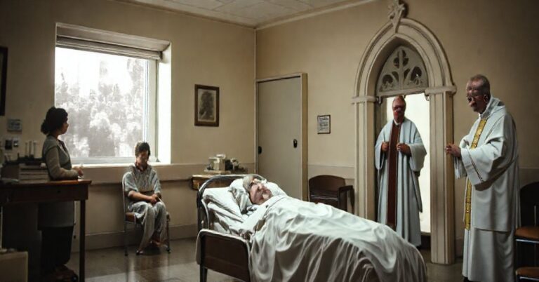 Serdeczny ksiądz udzielający ostatniej ścieżki duchowej w tradycyjnym katolickim hospicjum