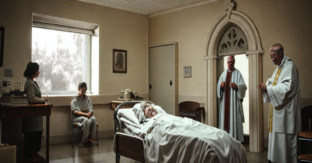 Serdeczny ksiądz udzielający ostatniej ścieżki duchowej w tradycyjnym katolickim hospicjum