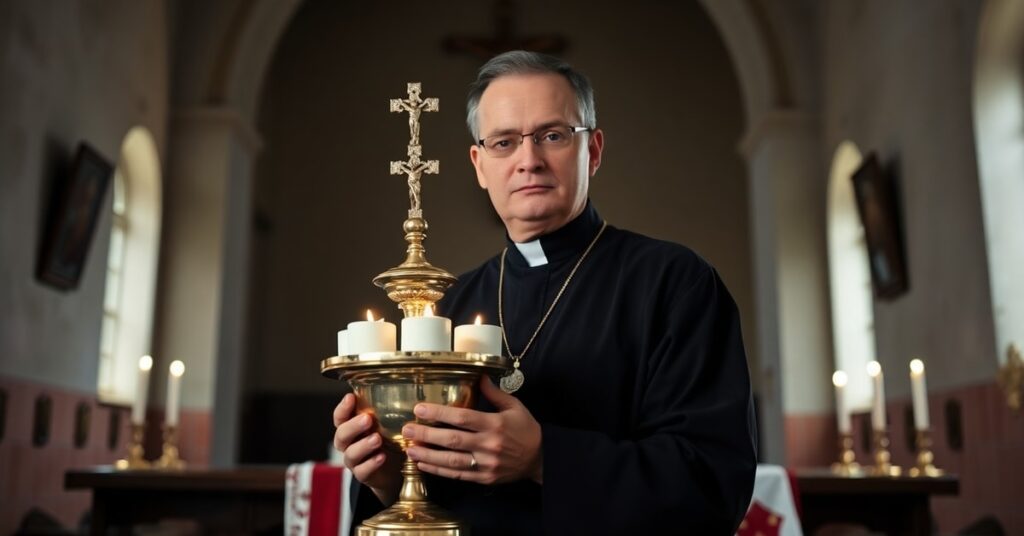 Ksiądz w tradycyjnym stroju liturgicznym trzymający ciborium z hostiami przed skromnym ołtarzem w kościele na Kubie, symbolizującym prześladowanie prawdziwego Kościoła Katolickiego pod reżimem komunistycznym.