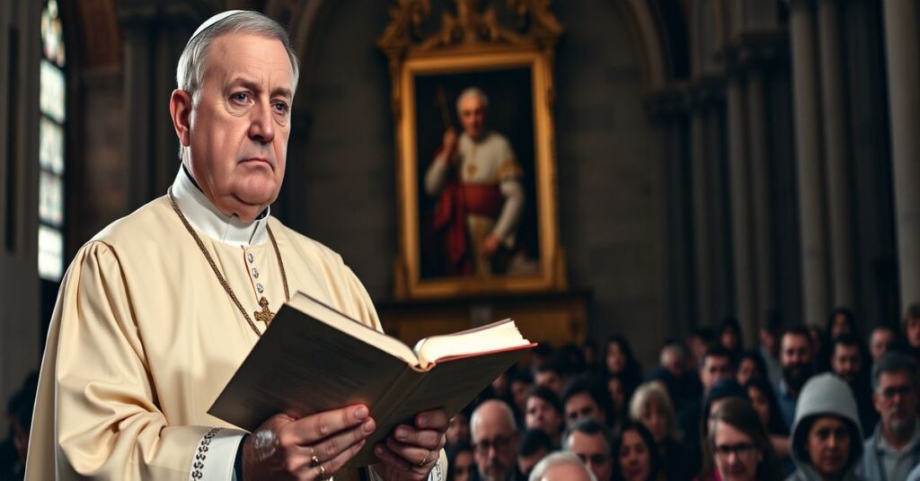 Katolicki kapłan w tradycyjnych szatach liturgicznych wygłasza mowę w starożytnej katedrze dotyczącą herezji Mike'a Huckabee'a w kwestii potomków Abrahama.