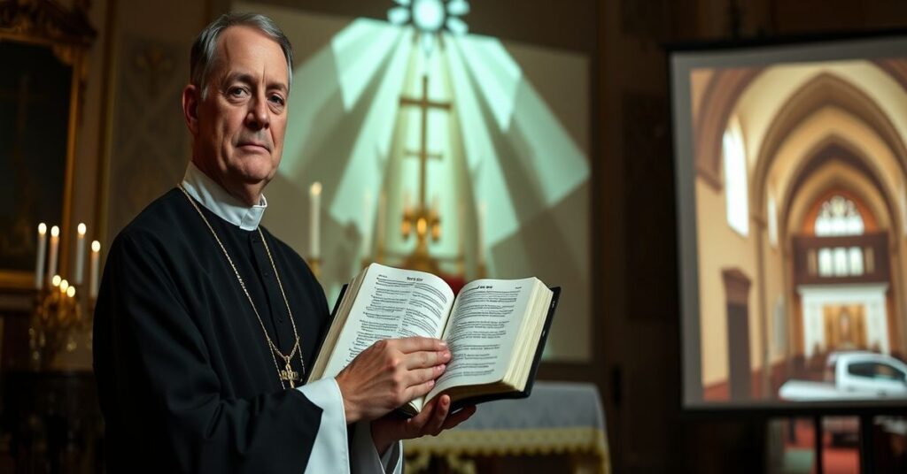 Tradycyjny ksiądz katolicki w sutannie i albie trzymający Biblię z podświetlonym fragmentem 1 Listu Piotra w kaplicy. W tle widoczne jest współczesne wnętrze kościelne z ekranem.