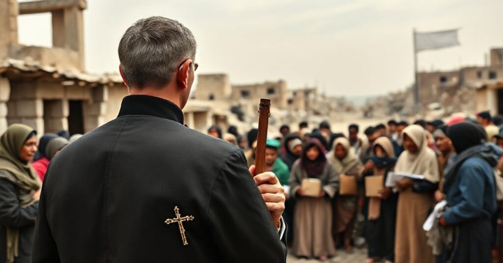 Tradycyjny ksiądz w sutannie stoi z krzyżem przed ubogimi w zniszczonym wojną regionie podczas gdy współcześni pomocnicy 'Papiescy' rozdają pomoc materialną pomijając duchowe potrzeby.