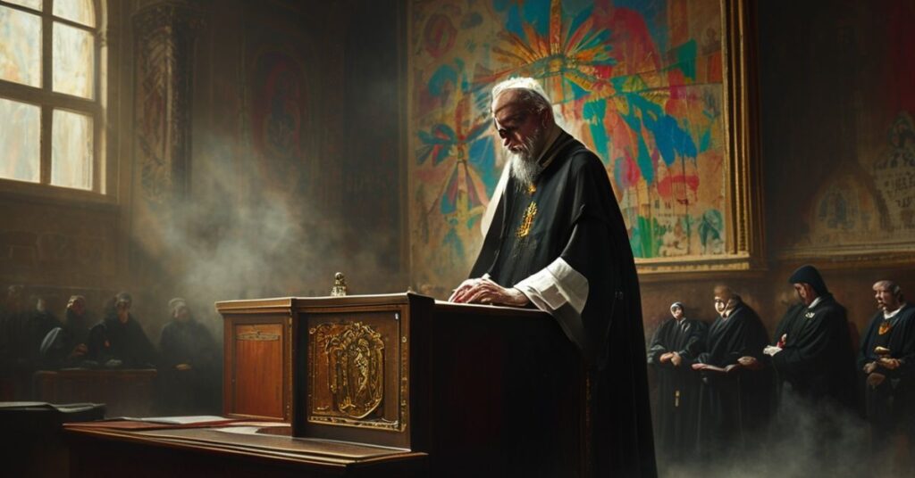 Obraz przedstawiający tradycyjny katolicki punkt widzenia na nieudane rozwiązania humanistyczne wobec globalnych konfliktów.