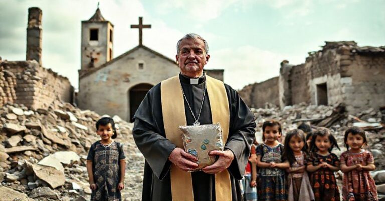 Katolicki ksiądz w tradycyjnym ornaty stoi wśród ruin wojennych, trzymając paczkę żywności i medykamentów. Na tle widoczna jest zburzona kościół. Dzieci z różnych kultur czekają z nadzieją i smutkiem. Scena podkreśla kontrast między pomocą ludzką a brakiem prawdziwej ewangelizacji.