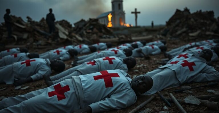 Scena pokazująca zamordowanych wolontariuszy Czerwonego Krzyża w Sudanie, z ruinami wojny i oddalonym kościołem w płomieniach, symbolizująca duchową pustkę współczesnego humanitaryzmu bez Chrystusa.