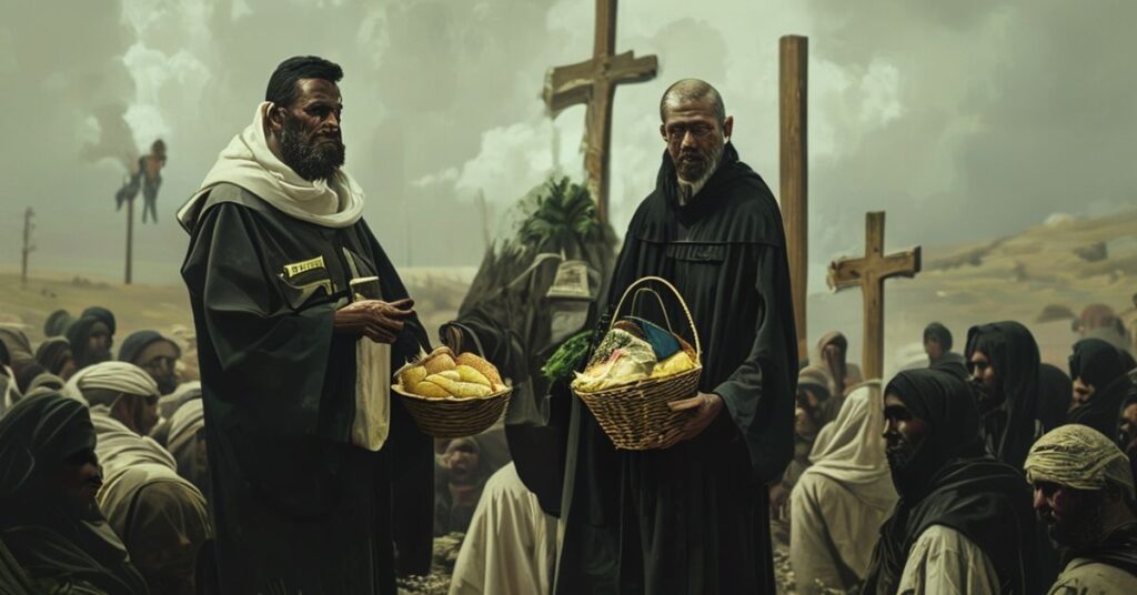 Prawdziwy katolicki ksiądz w tradycyjnych szatach stoi przed zniszczonym krajobrazem ukraińskim, trzymając koszyk z chlebem i kocami, ale jego twarz wygląda na głęboko zmartwioną. W tle widnieje krzyż, symbolizujący brak duchowego kierownictwa wśród działań humanitarnych.