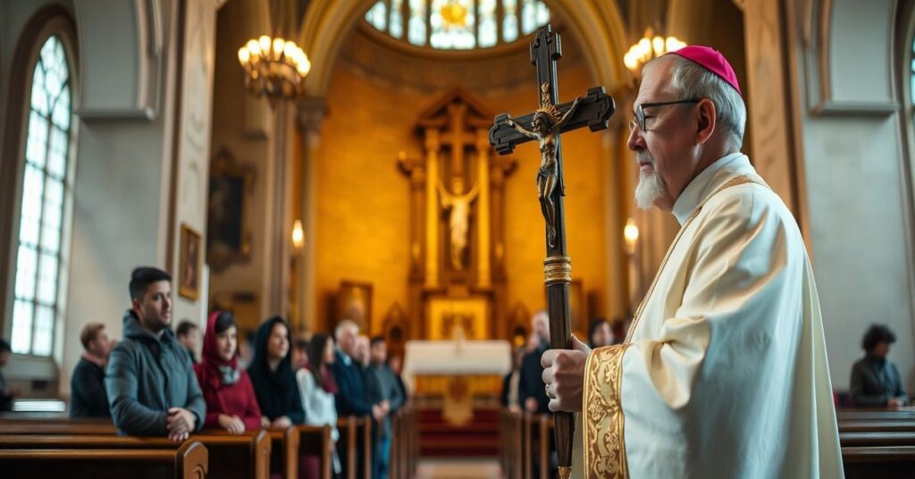 Ksiądz w tradycyjnych szatach liturgicznych stoi przed ołtarzem kościoła z grupą uchodźców ukraińskich na tle. Scena symbolizuje potrzebę nawrócenia i wypowiedzenia się na temat królestwa Chrystusa.