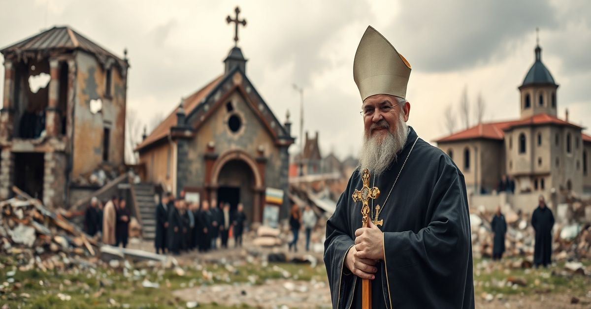 Humanitaryzm zamiast królowania Chrystusa - krytyka wypowiedzi abp. Szewczuka Arcybiskup Szewczuk w zburzonej ukraińskiej krainie, symbolizujący zapomniane katolickie nauczanie o królowaniu Chrystusa