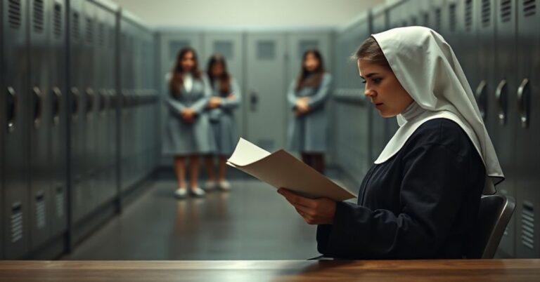 Nauczycielka w habitach trzymając list z obawą patrzy na mężczyznę podającym się za osobę transpłciową w szkolnej szatni