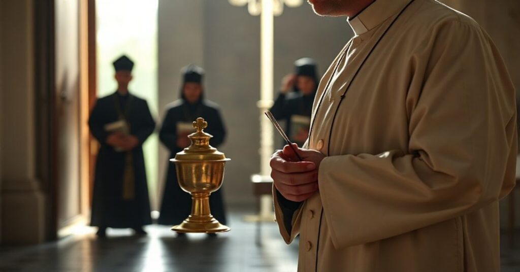 Tradycyjny ksiądz w sutannie trzyma kadzidło przed wjazdem na Targi Wydawców Katolickich na Zamku Królewskim w Warszawie