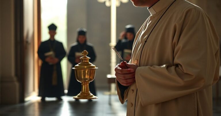 Tradycyjny ksiądz w sutannie trzyma kadzidło przed wjazdem na Targi Wydawców Katolickich na Zamku Królewskim w Warszawie