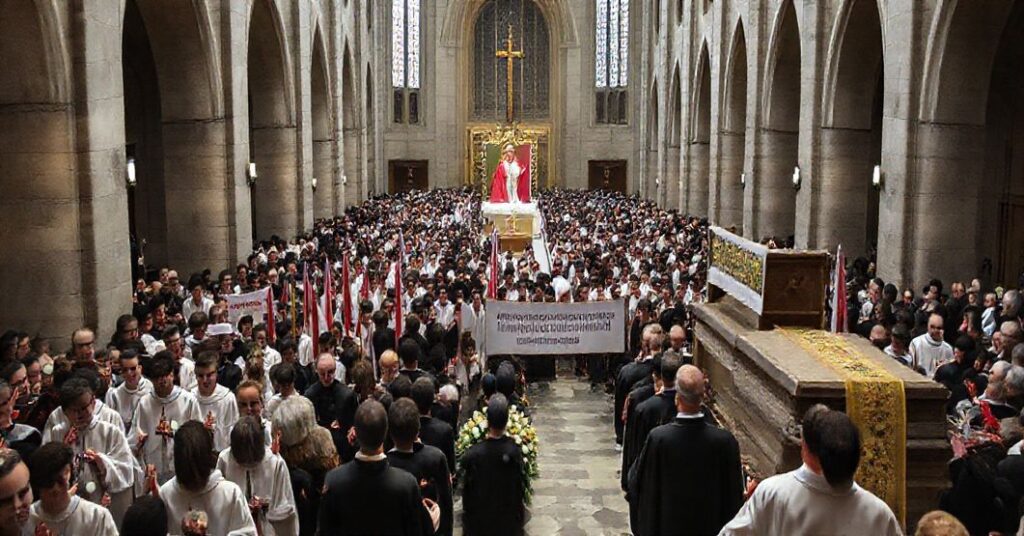 Powierzchnowowa ceremonia pamiątkowa w nowoczesnej katedrze z udziałem 400 osób, bez odniesienia do zbawienia czy sakramentów