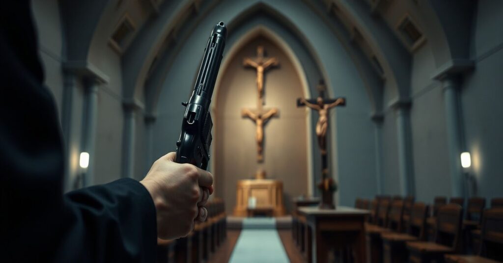 Pistolet mjr. Henryka Sucharskiego wystawiony w muzealnym mauzoleum z tłem niefunkcjonalnej kaplicy