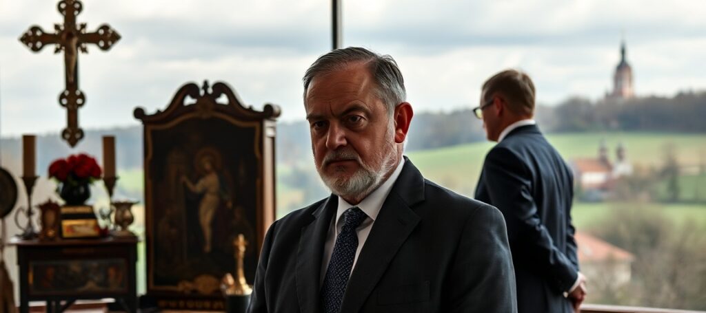Wizerunek Ignacego Niemczyckiego z portalu Opoka w tradycyjnym polskim krajobrazie z elementami katolickimi