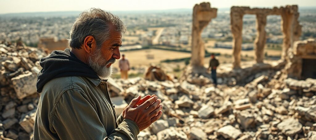 Ihaba Hasan modli się w zniszczonej wiosce Taybeh na Zachodnim Brzegu Jordanu
