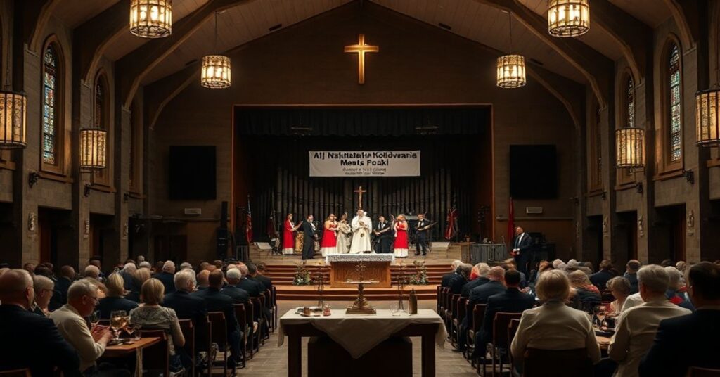 Wnętrze kościoła z pustym ołtarzem i sceną z secularyzacyjnymi występami podczas III Nakielskiego Kolędowania.