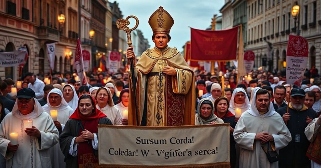 Tradycyjni katolicy uczestniczą w marszu po Krakowskim Przedmieściu w Warszawie, trzymając pochodnie i transparenty z hasłem 'Sursum Corda! - W górę serca!'